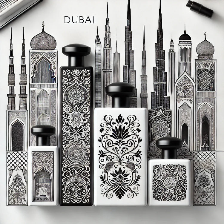 Minimalist black and white luxury fragrance bottles inspired by Dubai, featuring intricate designs and ornate patterns on a clean white background.