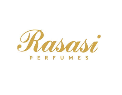 Rasasi Perfumes logo in elegant gold text, highlighting the brand name in a sophisticated font on a white background.