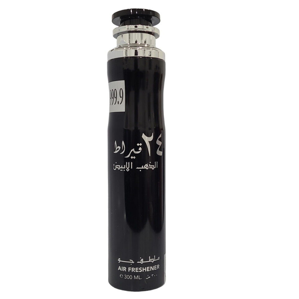 Front view of the 24K White Gold by Lattafa air freshener bottle in a sleek black and silver design with Arabic text, 300ml size.
