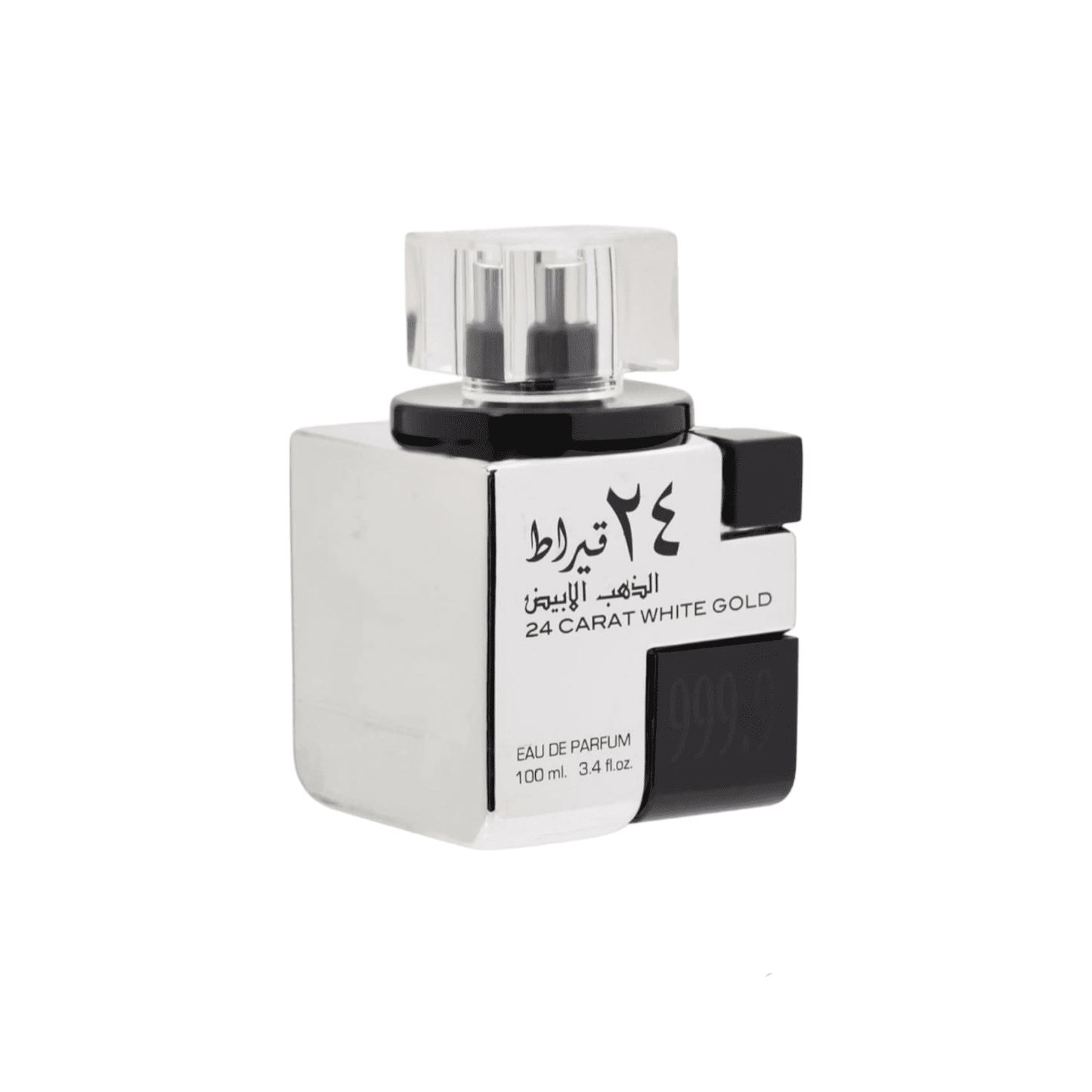 24 Carat White Gold Eau de Parfum 100ML by Lattafa, showcasing a modern and luxurious metallic bottle with a clear cap.