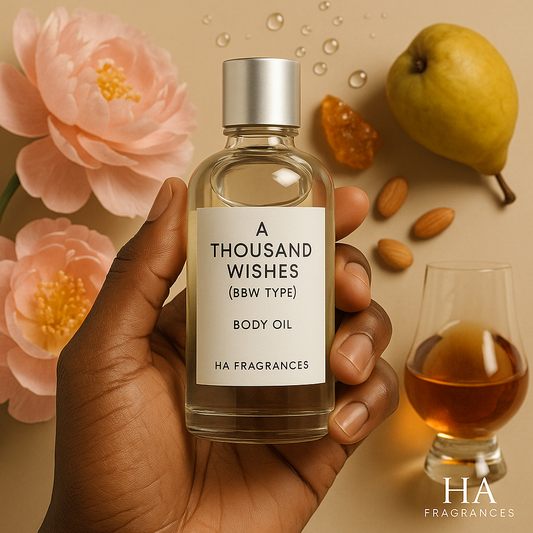 A bottle of A Thousand Wishes (BBW Type) Body Oil held by a dark-skinned hand, surrounded by soft peony petals, amber stones, sparkling prosecco, and amaretto notes, with the HA Fragrances logo in the corner.