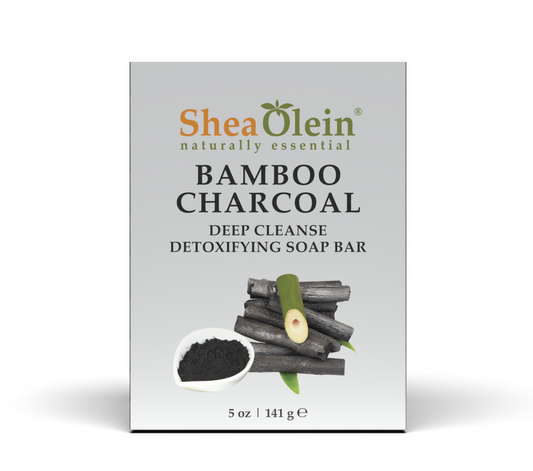 Shea Olein Bamboo Charcoal Detoxifying Soap Bar with deep cleanse and detox properties, featuring natural bamboo charcoal and a clean, eco-friendly design, 5 oz package.