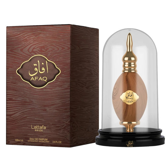 The Afaq Eau De Parfum by Lattafa Pride shown with its elegant packaging and unique dome display case, highlighting the luxurious wooden and gold bottle design.