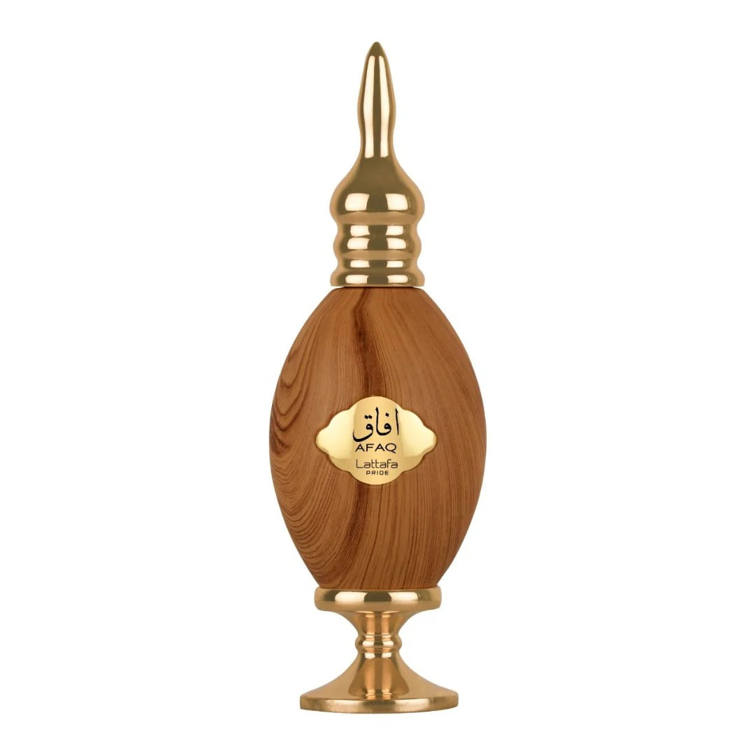 A close-up view of the Afaq Eau De Parfum bottle by Lattafa Pride, featuring a luxurious wooden design with elegant gold accents.