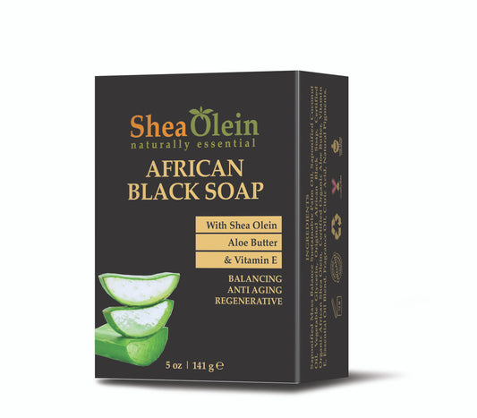 Angled view of Shea Olein African Black Soap enriched with Aloe Butter and Vitamin E for nourishing and restorative skincare.