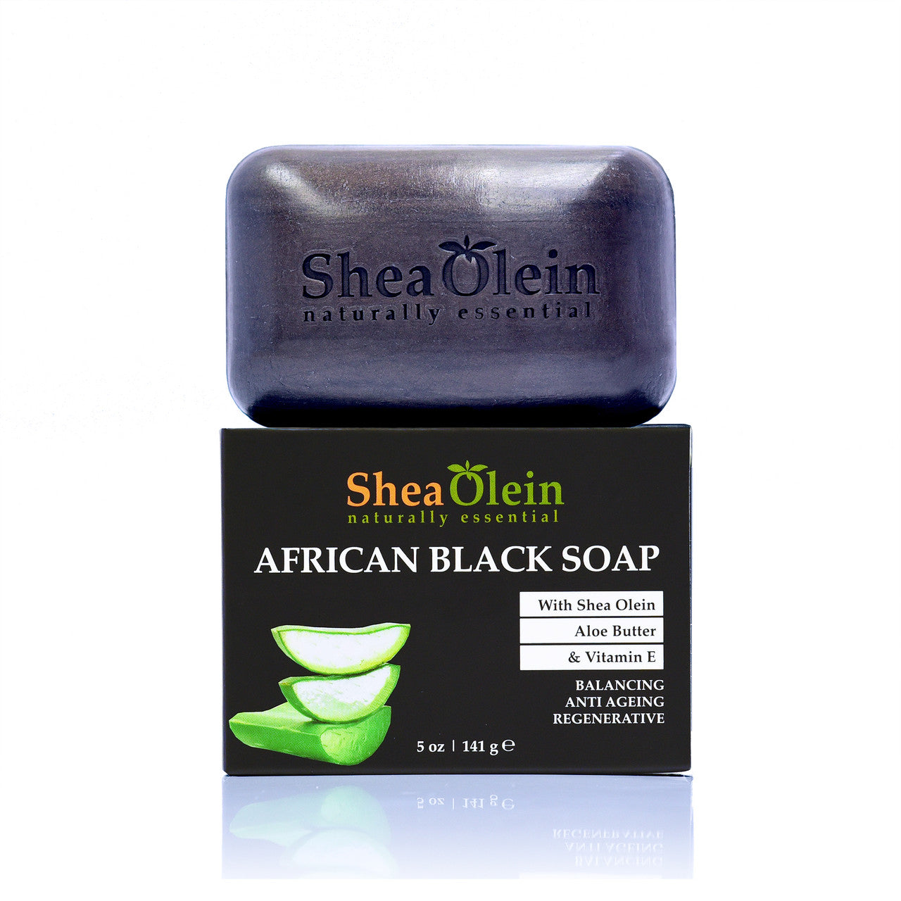 Shea Olein African Black Soap bar displayed on its box, featuring Aloe Butter and Vitamin E for anti-aging and skin-balancing properties.