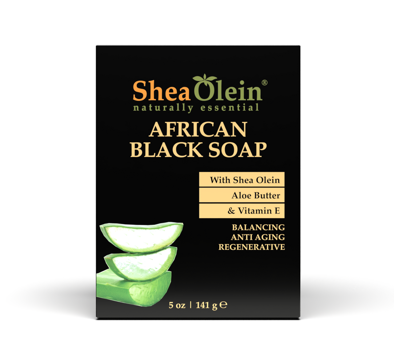 Shea Olein African Black Soap with Shea Olein Aloe Butter and Vitamin E, offering balancing, anti-aging, and regenerative benefits, 5 oz package.