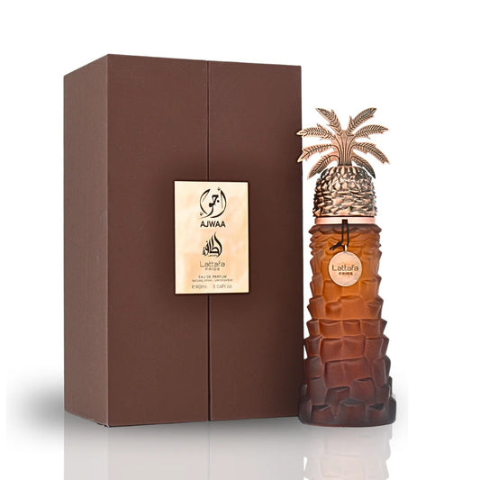 Ajwaa EDP 90ml by Lattafa Pride displayed with its premium brown box packaging, showcasing an opulent date-palm bottle design perfect for fragrance lovers.