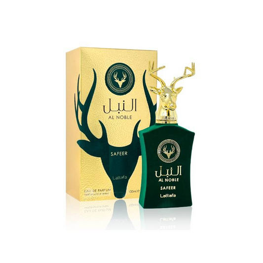 Al Noble Safeer Eau de Parfum 100ML by Lattafa, featuring an elegant green bottle with a gold deer cap and matching luxurious gold packaging.