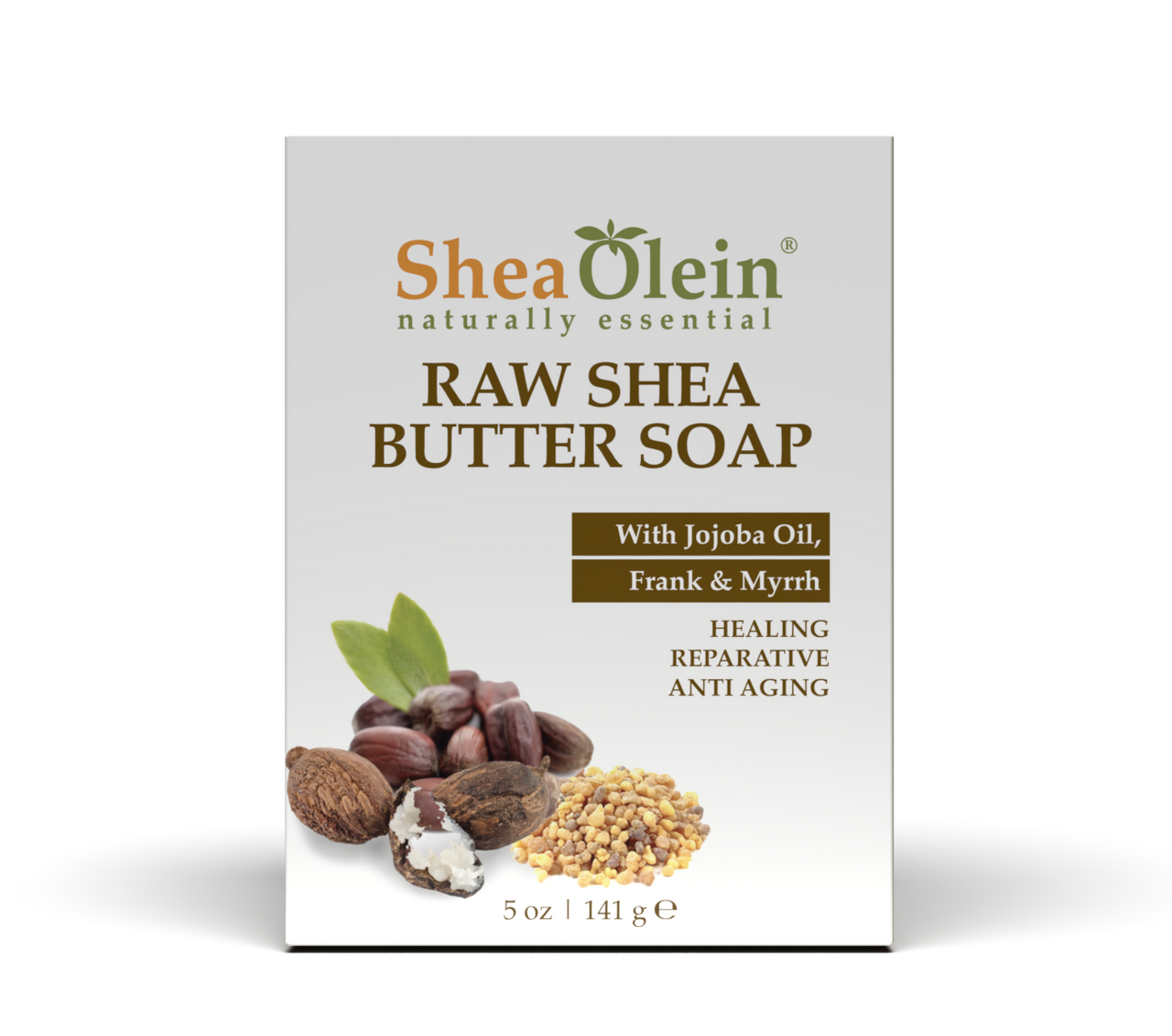 Shea Olein Amber Oudh Aromatherapy Soap with Rosemary and Amber Extract, offering antioxidant, rejuvenating, and relaxing benefits, 5 oz package.