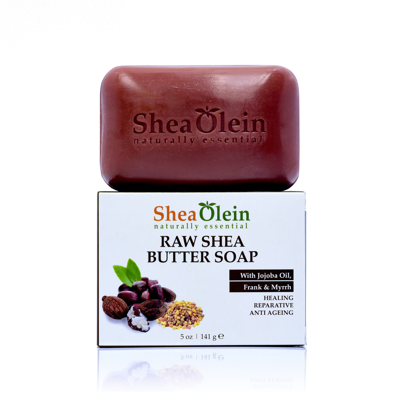 Shea Olein Amber Oudh Aromatherapy Soap bar displayed on its box, featuring Rosemary and Amber Extract for a luxurious and relaxing skincare experience.