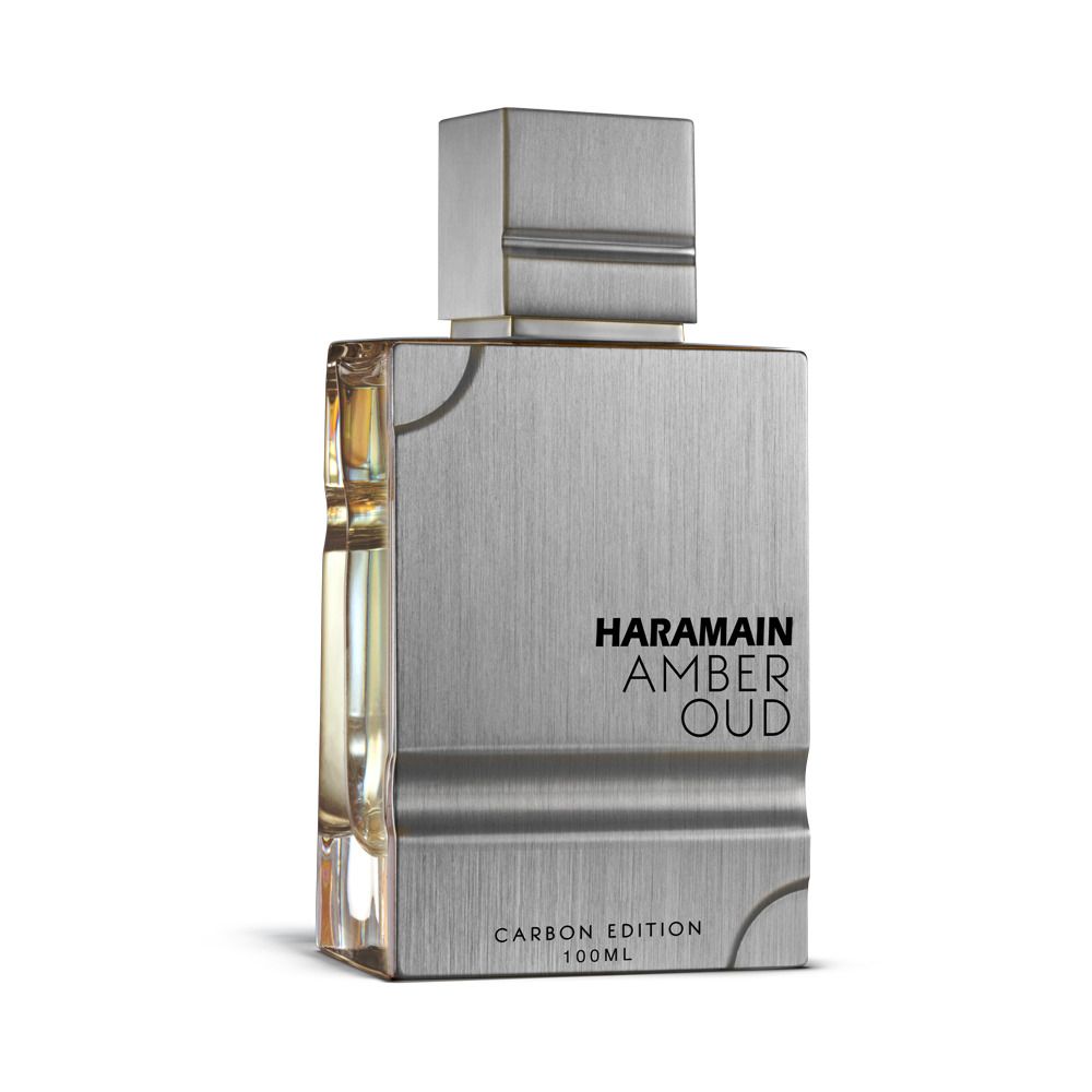 Sleek and stylish Amber Oud Carbon Edition Eau De Parfum by Al Haramain, 100ml bottle showcasing a metallic design.