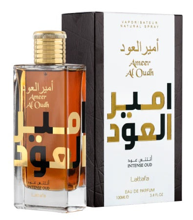 The Ameer Al Oudh Intense Oud Eau De Parfum by Lattafa displayed with its sophisticated packaging and sleek bottle, featuring bold Arabic typography and a luxurious golden cap.