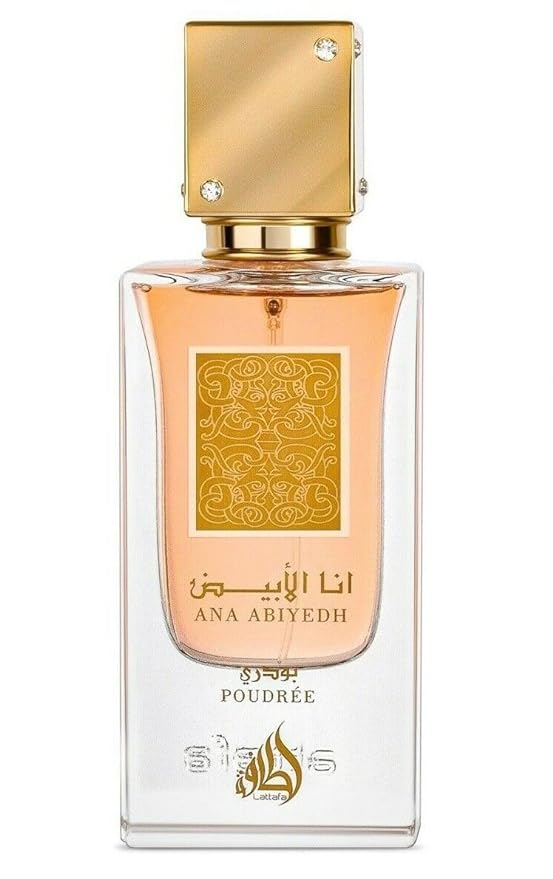 Ana Abiyedh I Am White Poudree Eau de Parfum 2.04 fl oz by Lattafa, featuring an elegant transparent bottle with gold accents and intricate detailing.