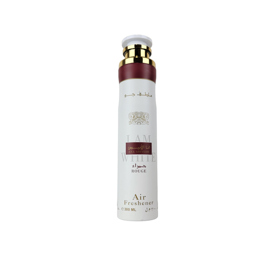 Front view of Ana Abiyedh Rouge I Am White air freshener by Lattafa, featuring a sleek white and red design with gold accents, 300ml size.
