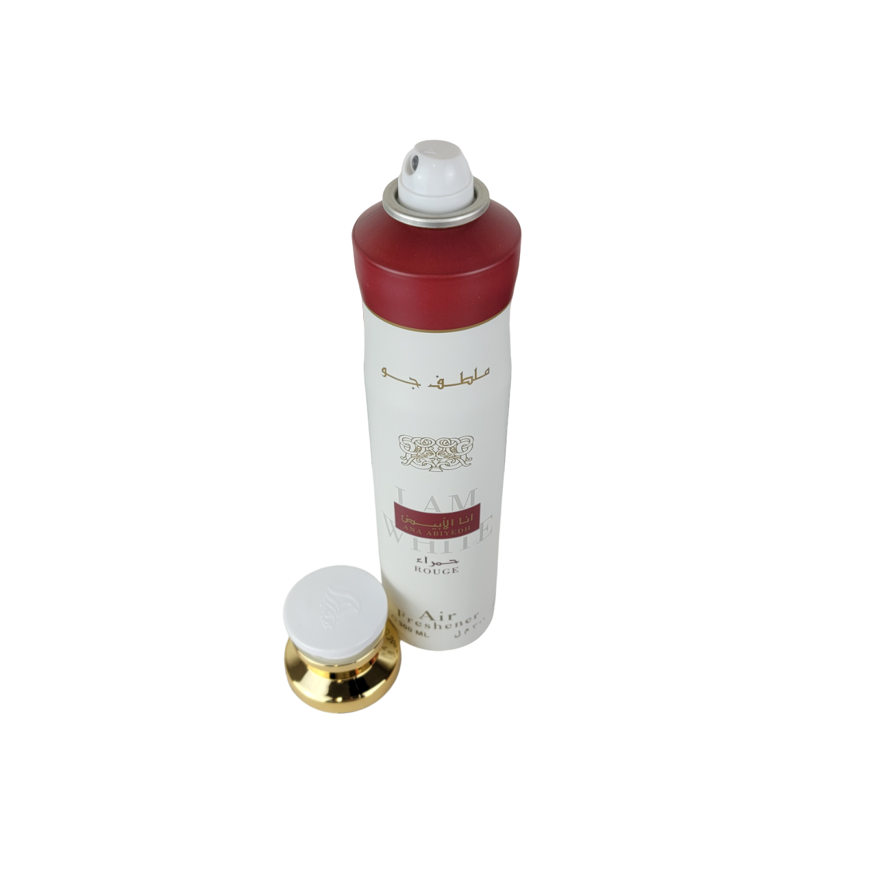 Open view of Ana Abiyedh Rouge I Am White air freshener spray by Lattafa, showing the nozzle and detached cap, 300ml size.