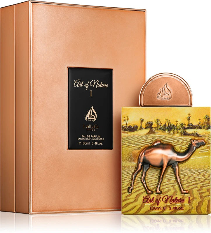 he Art of Nature I Eau De Parfum by Lattafa Pride displayed with its luxurious copper-toned packaging and bottle, featuring a stunning camel motif inspired by desert landscapes.