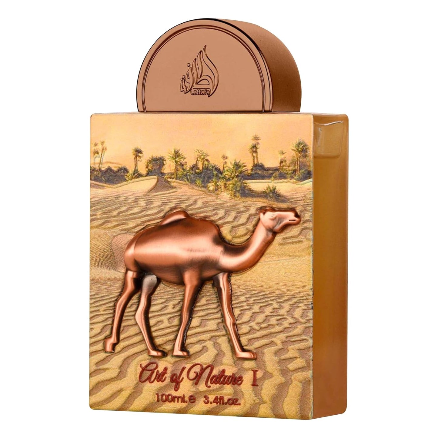 A close-up view of the Art of Nature I Eau De Parfum bottle by Lattafa Pride, showcasing its intricate desert-inspired design with a 3D camel motif and golden tones.