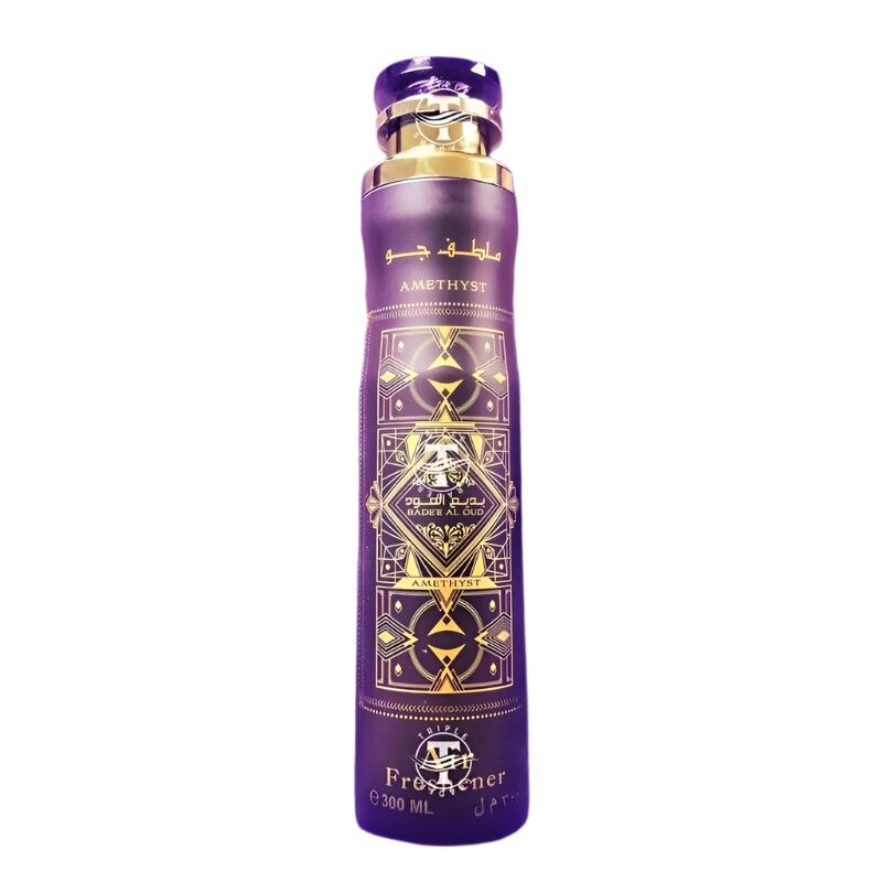 Front view of the Badee Al Oud Amethyst air freshener by Lattafa in a striking purple and gold bottle with intricate geometric designs, 300ml size.