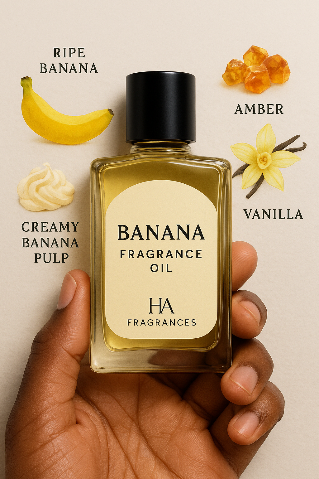 A clear bottle of Banana Fragrance Oil held by a dark-skinned hand, surrounded by ripe bananas and vanilla beans on a soft yellow background, with the HA Fragrances logo in the corner.