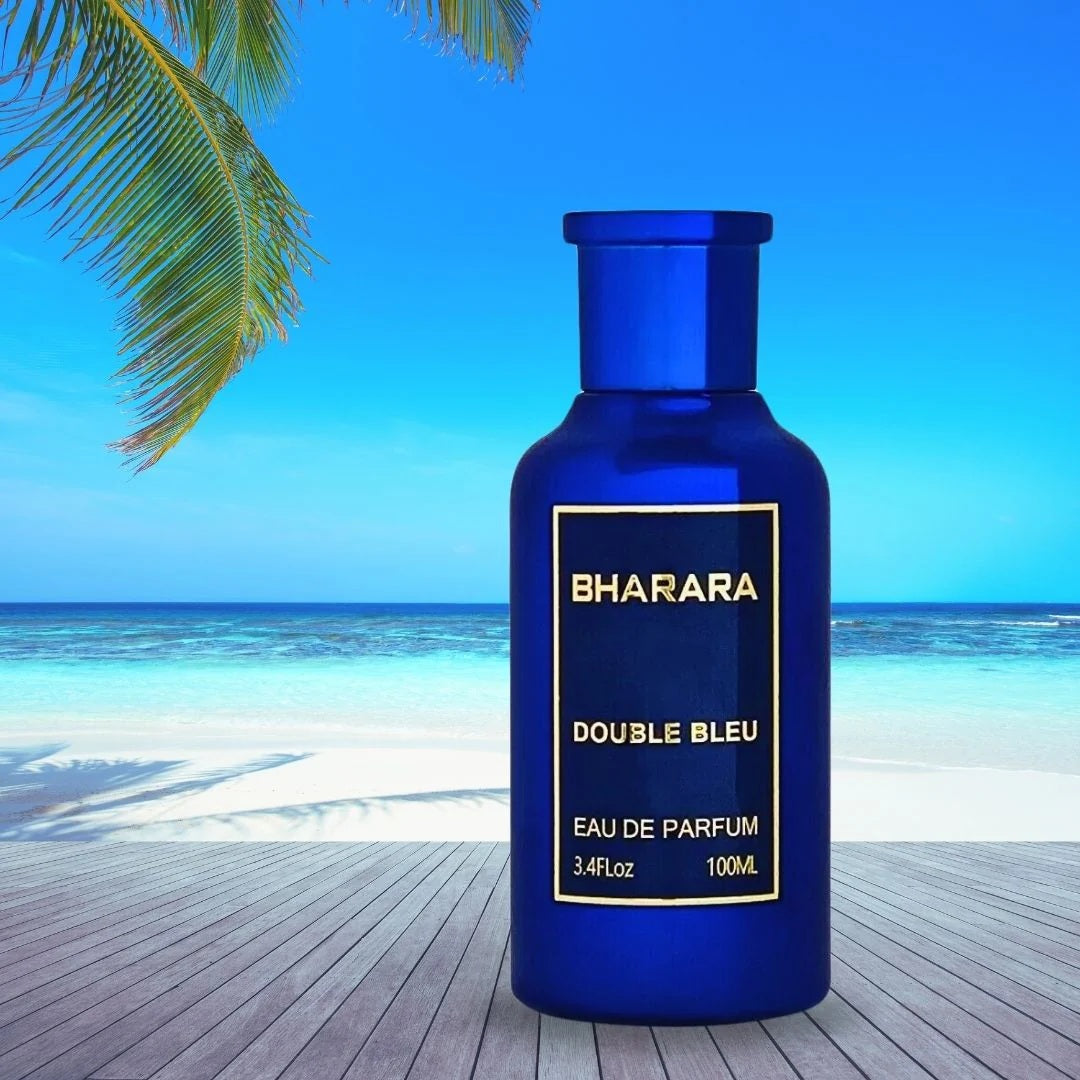 Bharara Double Bleu Eau de Parfum 100ML blue bottle placed on a tropical beach background – aquatic, citrus men’s fragrance