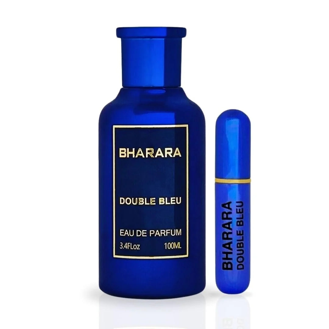Bharara Double Bleu 100ML perfume bottle with matching travel spray – men’s fragrance set in deep blue design