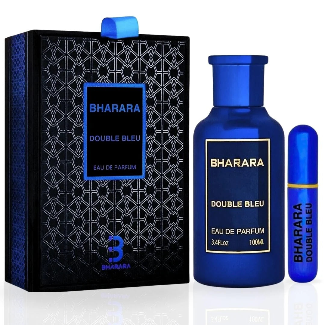 Bharara Double Bleu men’s fragrance gift set featuring a 3.4 oz perfume bottle, travel spray, and luxury gift box with geometric design