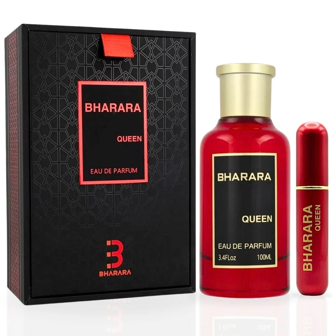 Bharara Queen fragrance gift set including 3.4 oz red bottle, mini travel spray, and luxury black box with red detailing – ideal for gifting