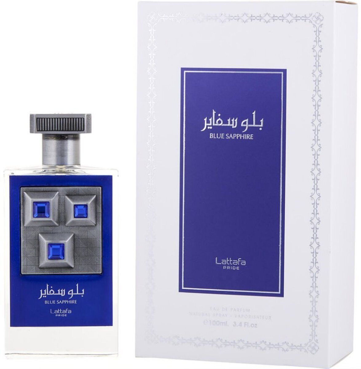Blue Sapphire Eau de Parfum 3.4 fl oz by Lattafa, showcasing a sophisticated bottle with gemstone details alongside its elegant white and blue packaging.