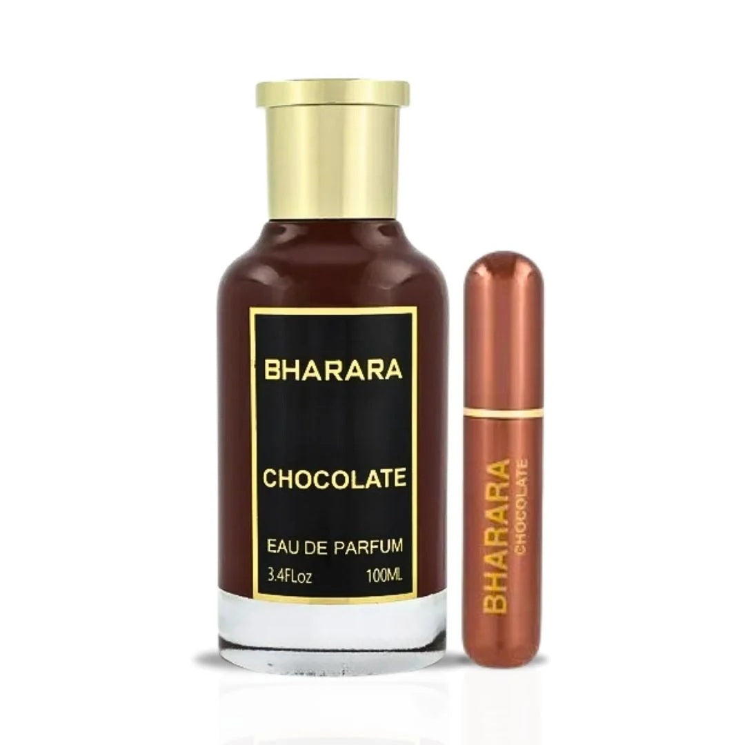 Bharara Chocolate Eau de Parfum 100ML bottle with a gold cap, paired with a sleek travel-size spray.