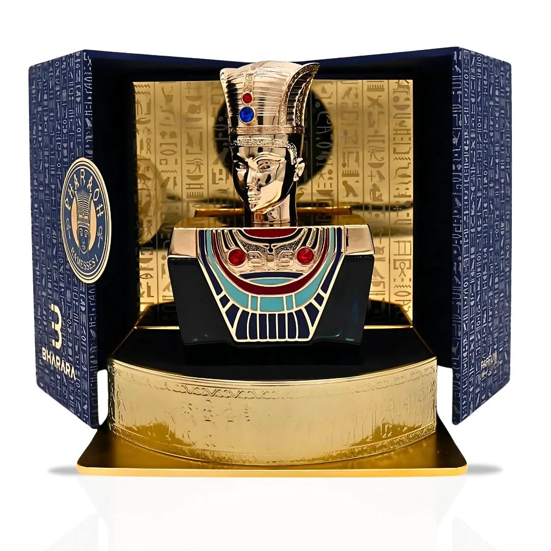 Pharaoh Ramesses I EDP 100ML displayed in an opulent gold and blue box with Egyptian hieroglyphic details, showcasing its luxurious presentation.