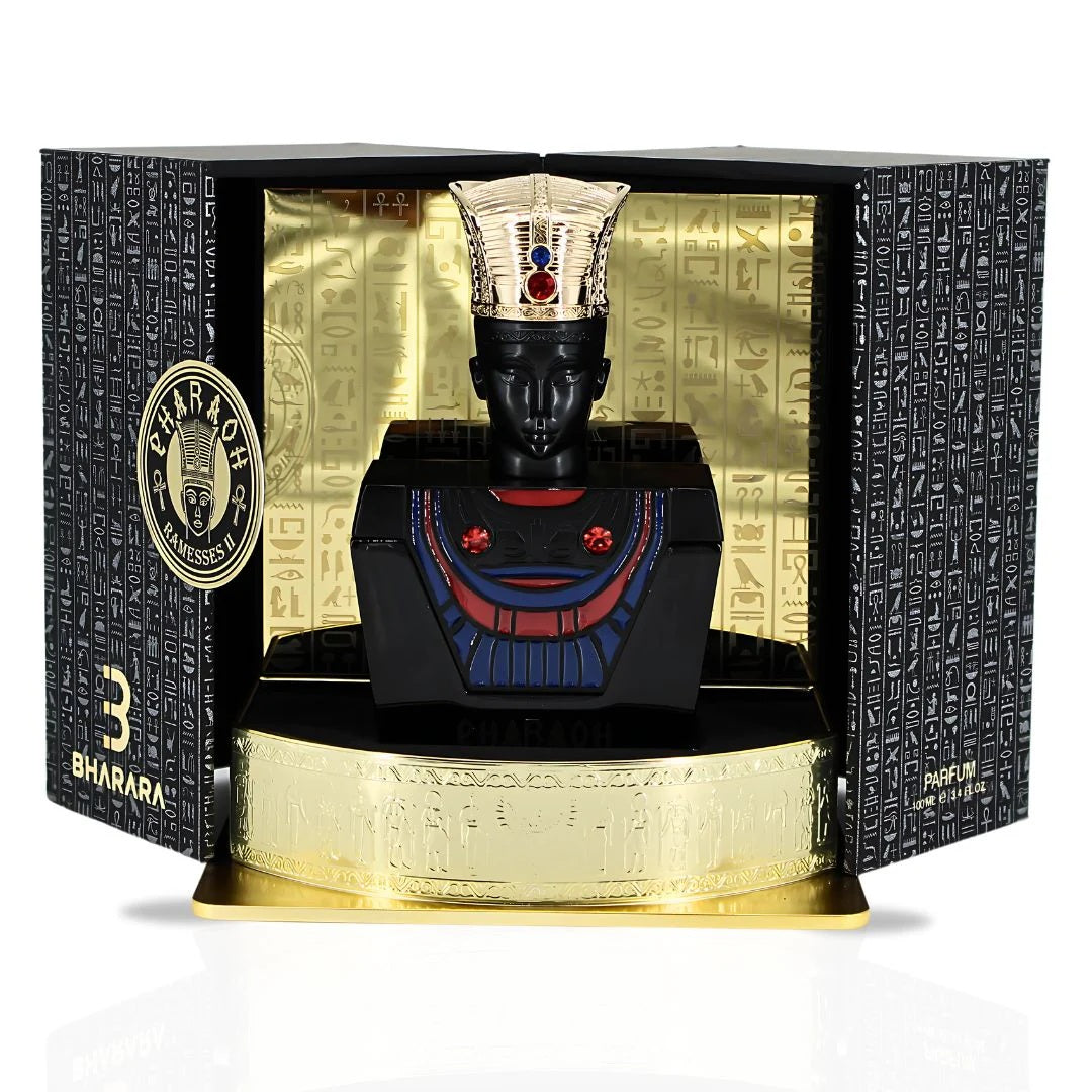 Pharaoh Ramesses II EDP 100ML displayed in a regal black and gold presentation box adorned with Egyptian hieroglyphics, highlighting its luxurious and historical inspiration.