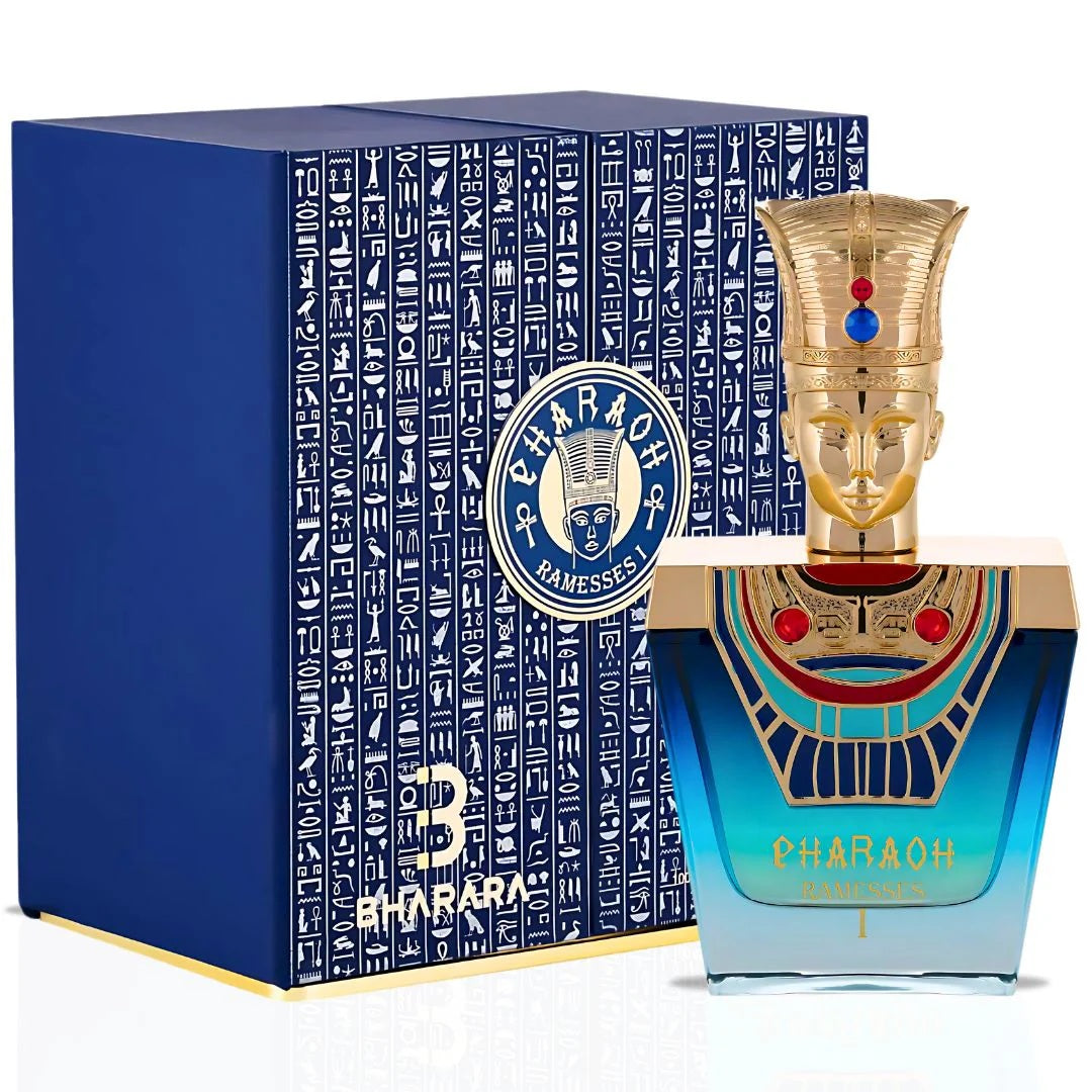 Pharaoh Ramesses I EDP 100ML alongside its elegant navy blue box, adorned with golden Egyptian hieroglyphs for a regal aesthetic.
