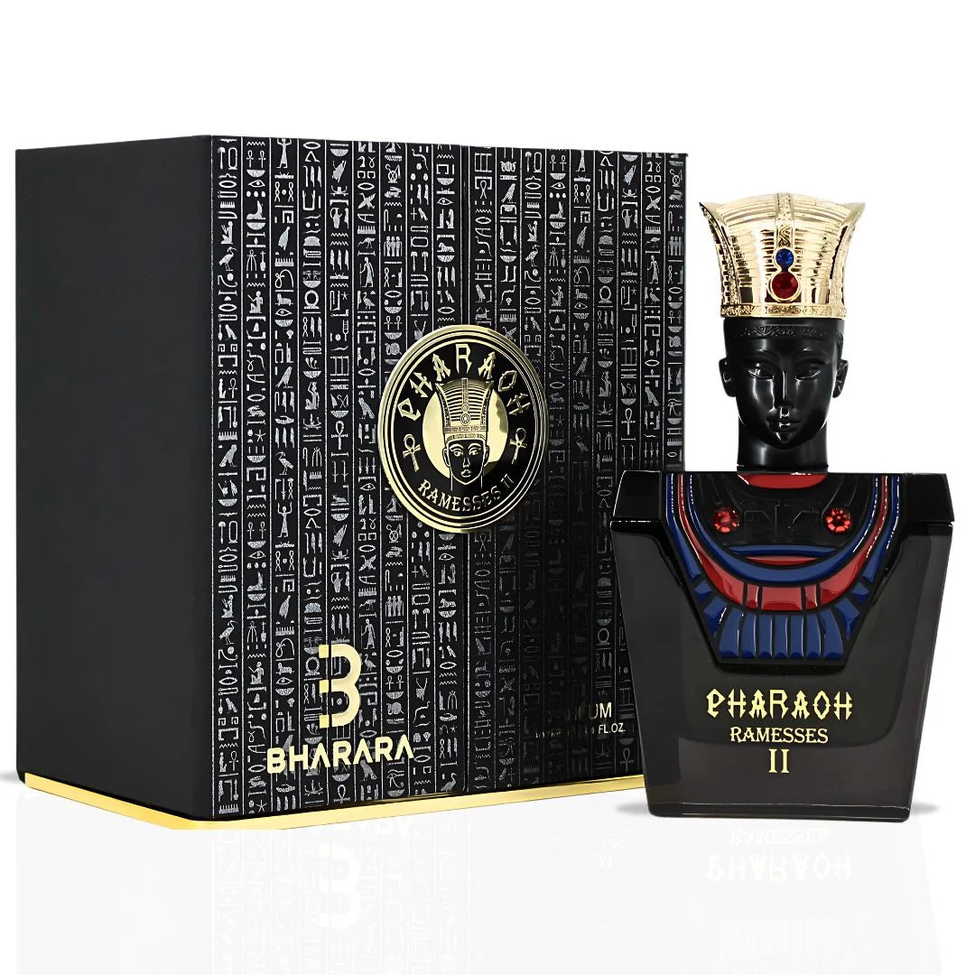 haraoh Ramesses II Eau De Parfum 100ML alongside its sophisticated black and gold box, featuring an elegant pharaoh-themed design with intricate detailing.