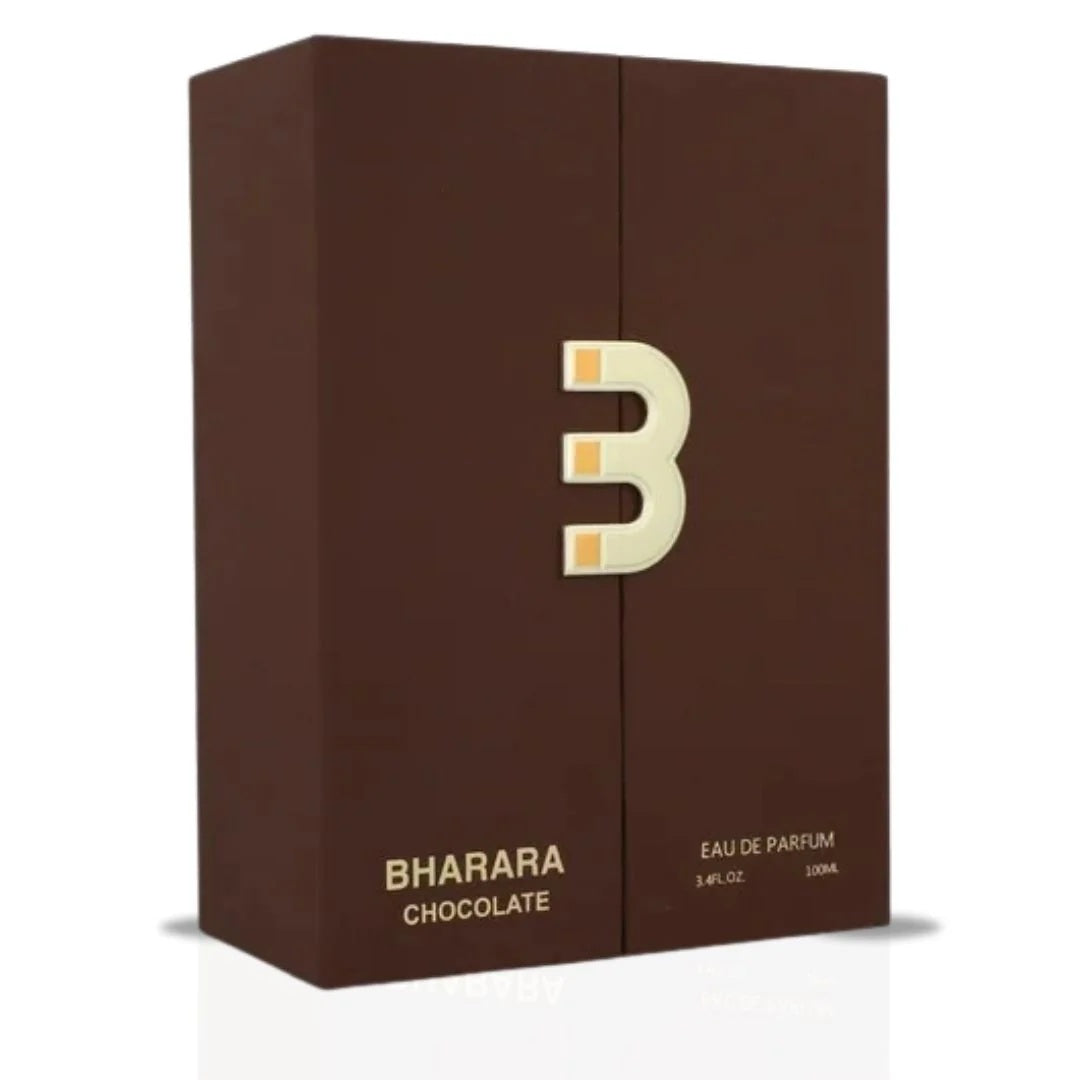 Bharara Chocolate EDP Spray 100ML packaging - a luxurious brown box with gold accents and a bold 'B' logo.