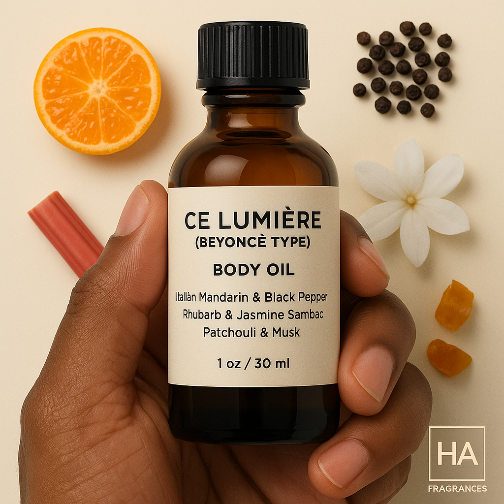 A bottle of Ce Lumière (Beyoncé Type) Body Oil held by a dark-skinned hand, surrounded by mandarin slices, rhubarb, jasmine petals, and soft musk accents, with the HA Fragrances logo in the corner.