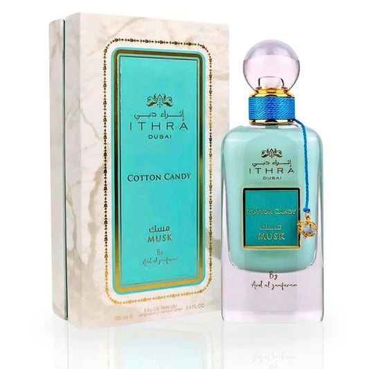 Cotton Candy Musk Ithra Dubai Collection by Ard Al Zaafaran - 100ml EDP bottle with an elegant turquoise box featuring gold details and luxurious design.