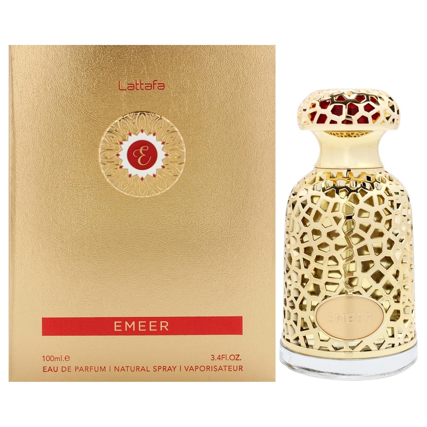 The Emeer Eau De Parfum by Lattafa displayed alongside its elegant gold packaging, featuring a luxurious bottle with an ornate gold lattice design and bold red accents.