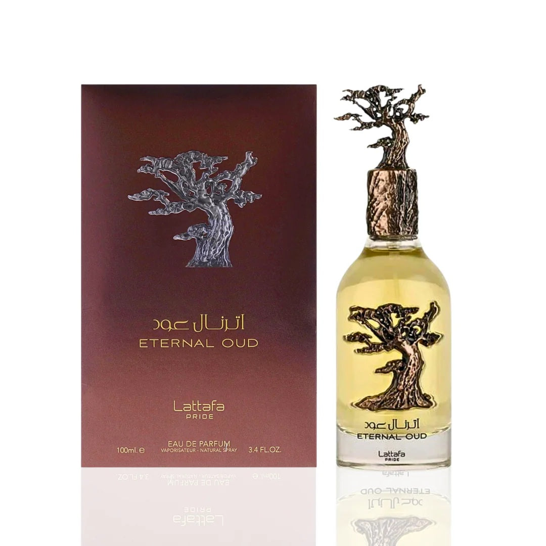 The Eternal Oud Eau De Parfum by Lattafa Pride displayed with its elegant packaging and artistic bottle design, featuring a tree motif and bronze accents.