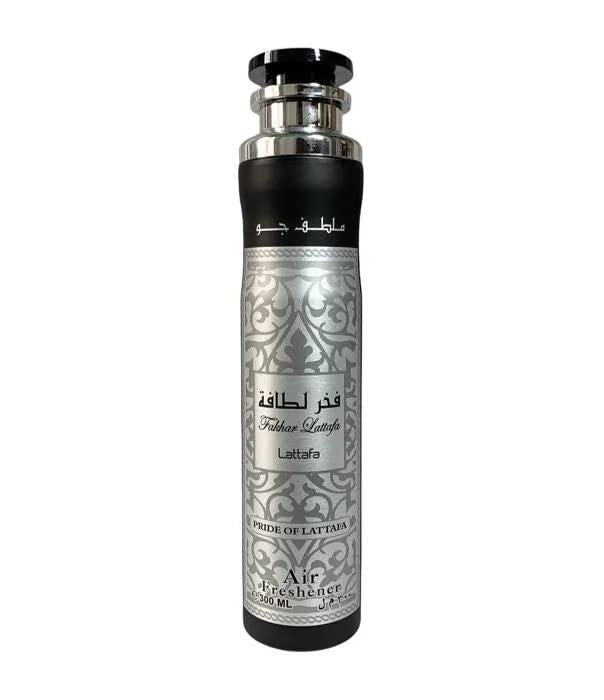 Front view of Fakhar Lattafa Silver Air Freshener by Lattafa, featuring an elegant silver and black design with intricate patterns, 300ml size.