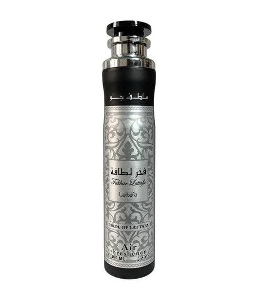 Front view of Fakhar Lattafa Silver Air Freshener by Lattafa, featuring an elegant silver and black design with intricate patterns, 300ml size.