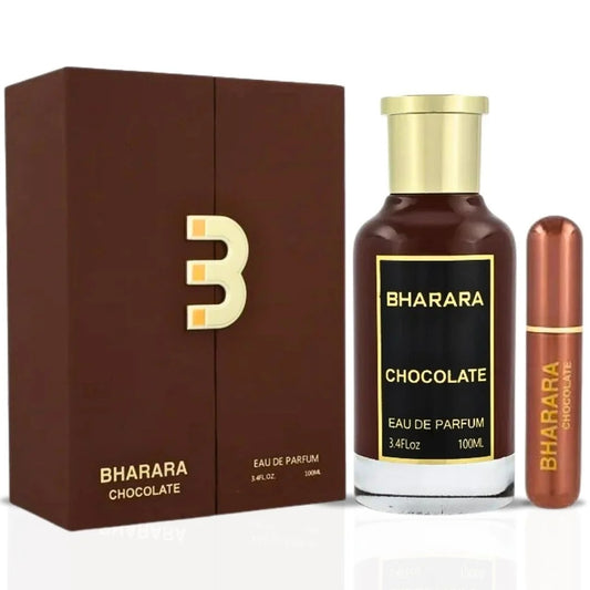Bharara Chocolate EDP 100ML complete set featuring the elegant bottle, travel-size spray, and premium packaging.