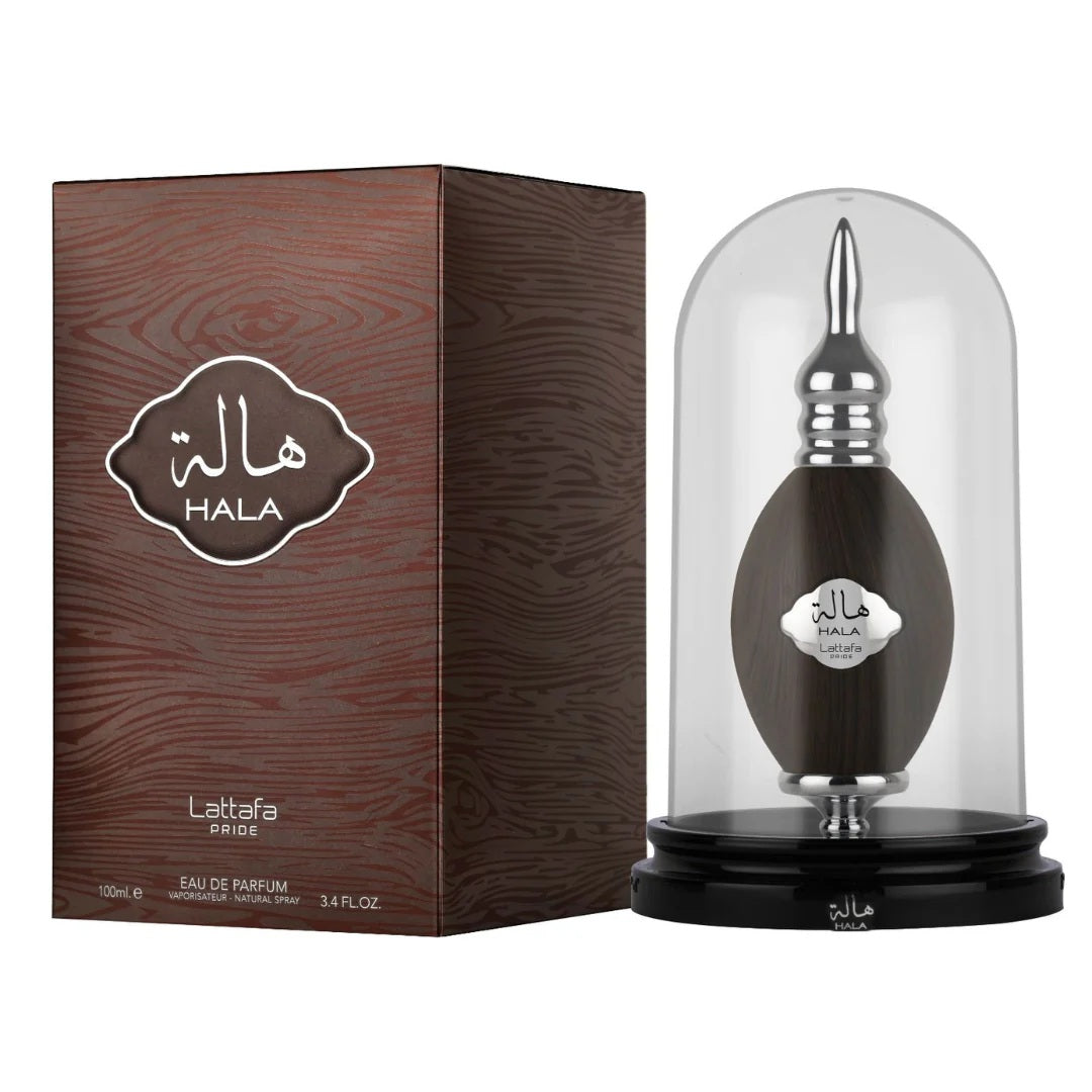 Hala Eau de Parfum by Lattafa Pride, showcased in an elegant wooden box with a domed display case, enhancing its luxurious and sophisticated presentation.