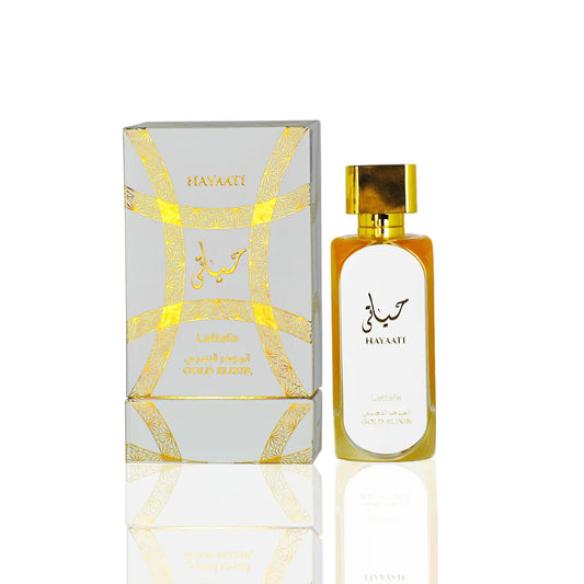 Hayaati Gold Elixir Eau de Parfum 3.4oz by Lattafa, showcasing a sophisticated gold and white bottle alongside its luxurious matching packaging.