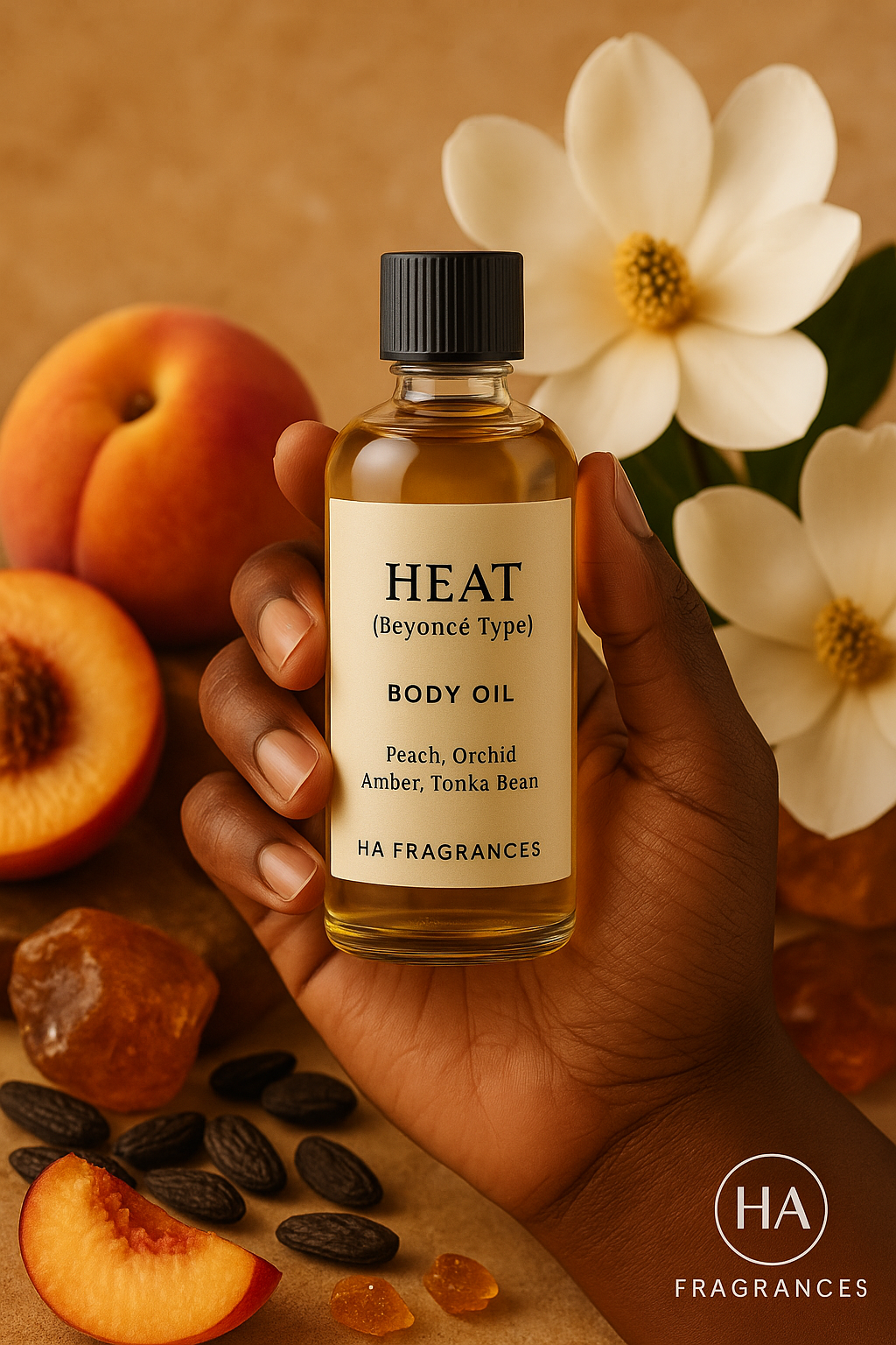 A bottle of Heat (Beyoncé Type) Body Oil held by a dark-skinned hand, surrounded by peach slices, orchid petals, amber resin, and tonka beans, with the HA Fragrances logo in the corner.