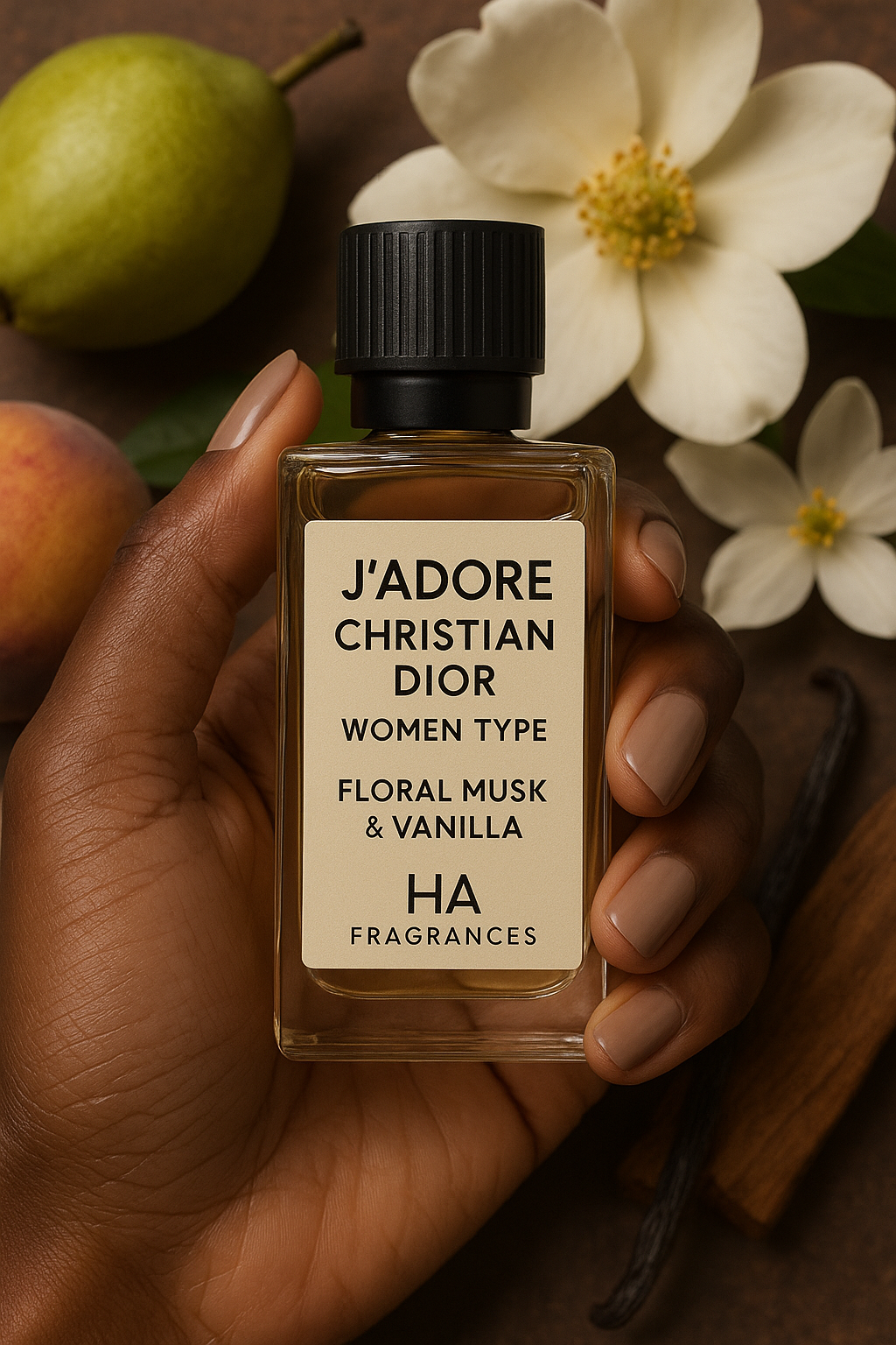 A dark-skinned hand holding a rectangular glass bottle labeled “J’Adore Christian Dior Women Type – Floral Musk & Vanilla” by HA Fragrances, surrounded by pear, magnolia blossoms, peach, vanilla pods, and cedarwood, with warm lighting highlighting the natural fragrance notes