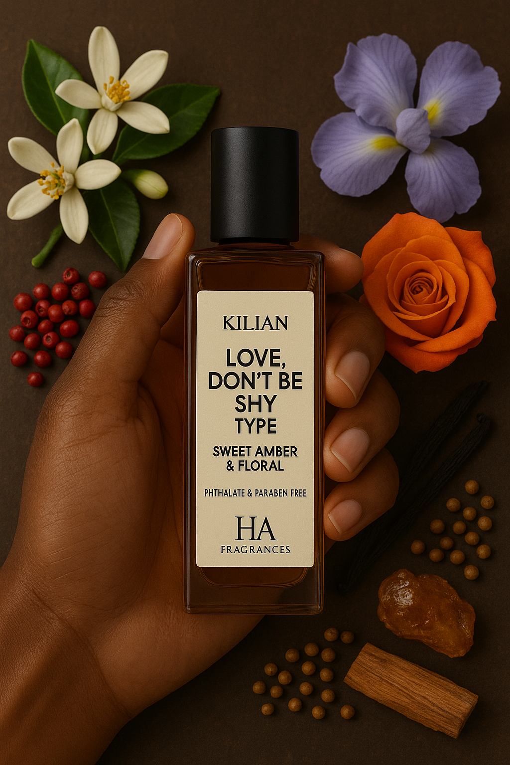 Hand holding a Kilian perfume bottle with flowers and spices on a brown background