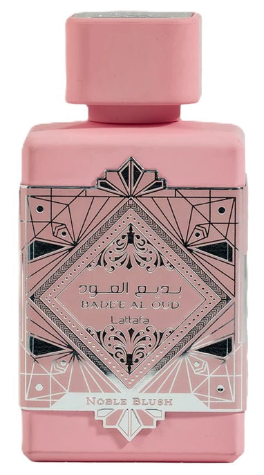 Close-up of the Lattafa Bade'e Al Oud Noble Blush Eau de Parfum bottle, showcasing its pink art-deco-inspired design and elegant branding.