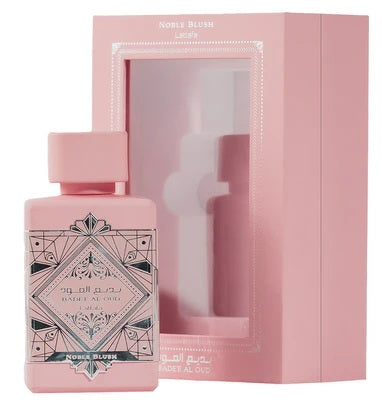 Lattafa Bade'e Al Oud Noble Blush Eau de Parfum box and bottle displayed together, featuring a soft pink color with intricate art-deco-inspired details.