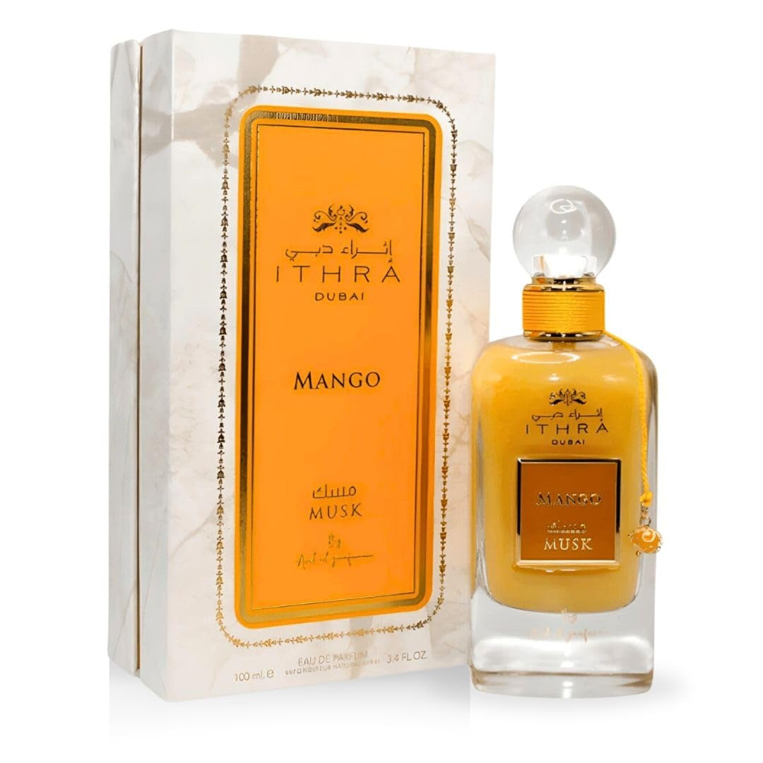 Mango Musk EDP 100ML perfume bottle alongside its matching premium box from the Ithra Dubai Collection, exuding a tropical and sophisticated appeal.